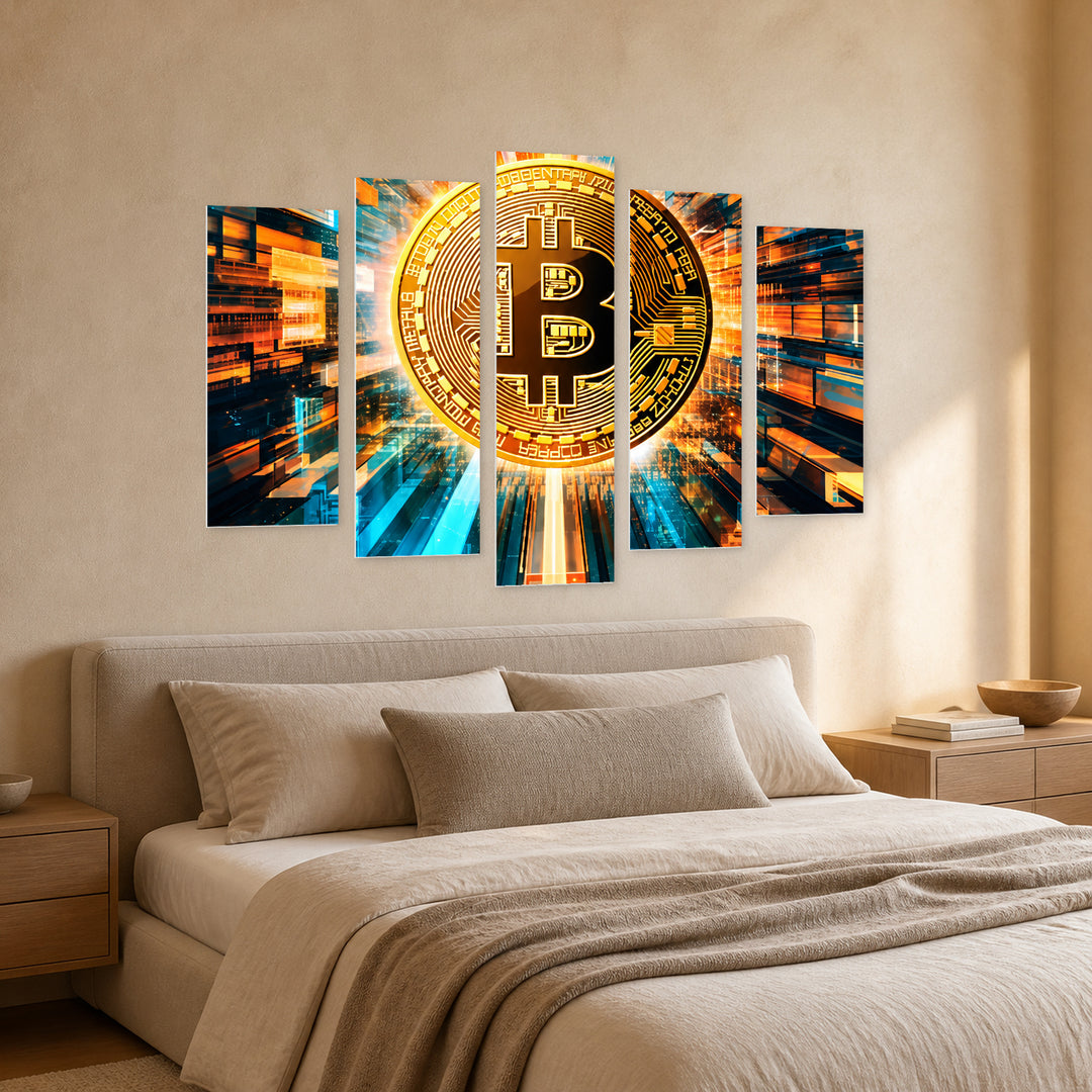 Bitcoin Phenomenon in Vivid Color — five-panel wall art in perspective interior | 5wallart 57839 M2