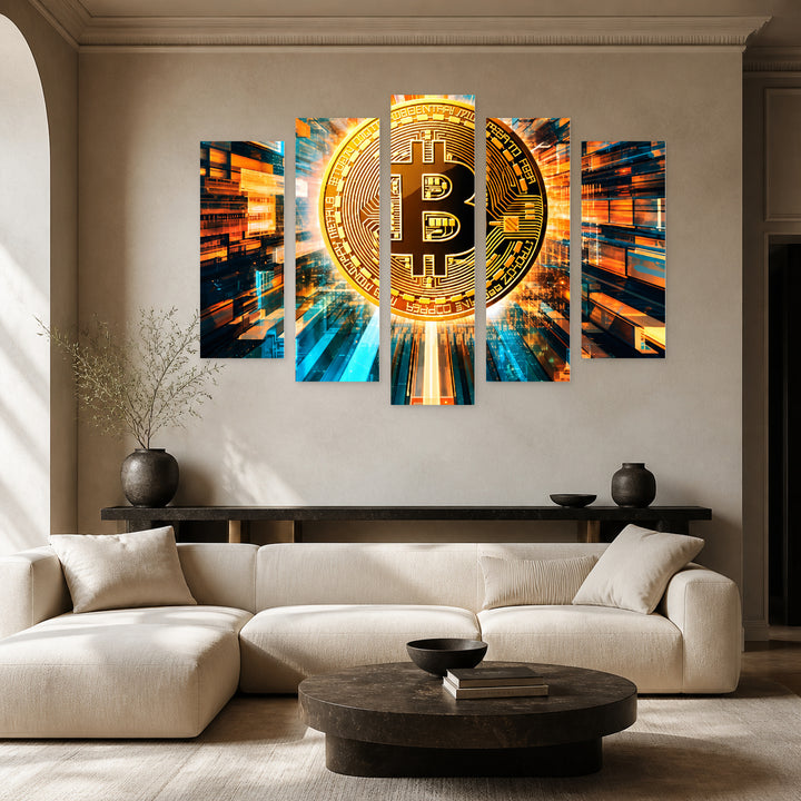 Bitcoin Phenomenon in Vivid Color — five-panel wall art in frontal interior | 5wallart 57839 M3