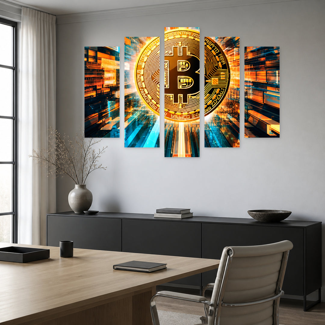 Bitcoin Phenomenon in Vivid Color — five-panel wall art in alternate frontal interior | 5wallart 57839 M4