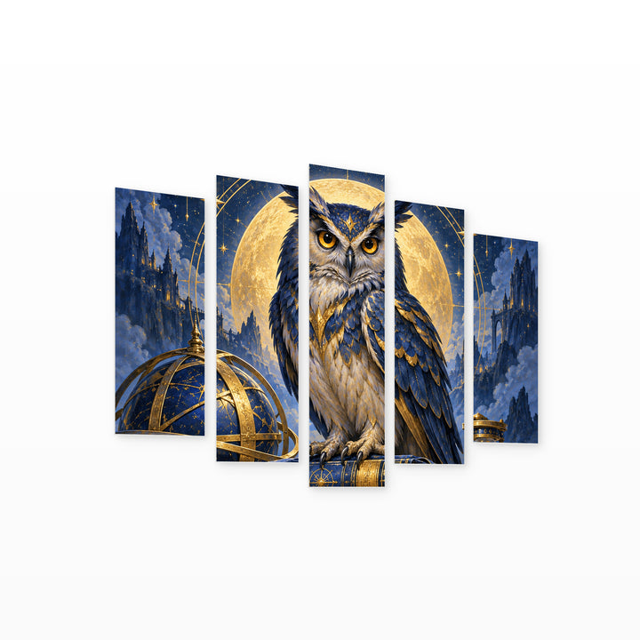 Guardian of Knowledge in Blue and Gold — five-panel wall art on white background in perspective | 5wallart 57841 M1