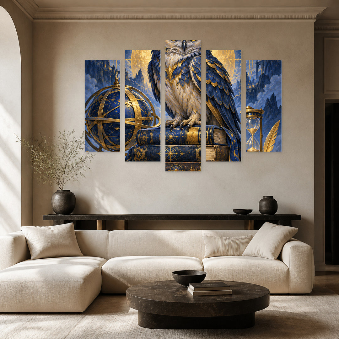 Guardian of Knowledge in Blue and Gold — five-panel wall art in frontal interior | 5wallart 57841 M3