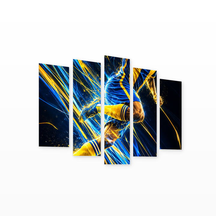 Football Symphony in Blue and Gold — five-panel wall art on white background in perspective | 5wallart 57845 M1