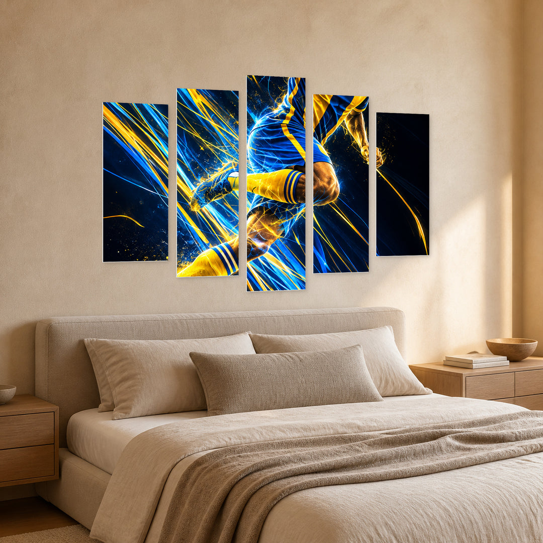 Football Symphony in Blue and Gold — five-panel wall art in perspective interior | 5wallart 57845 M2