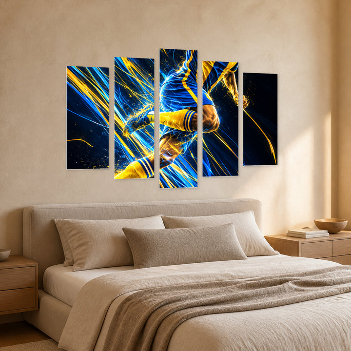 Football Symphony in Blue and Gold — five-panel wall art in perspective interior | 5wallart 57845 M2