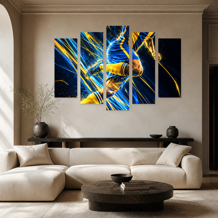 Football Symphony in Blue and Gold — five-panel wall art in frontal interior | 5wallart 57845 M3