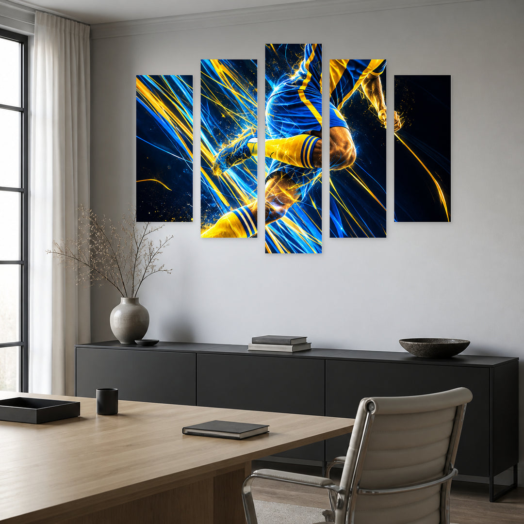 Football Symphony in Blue and Gold — five-panel wall art in alternate frontal interior | 5wallart 57845 M4