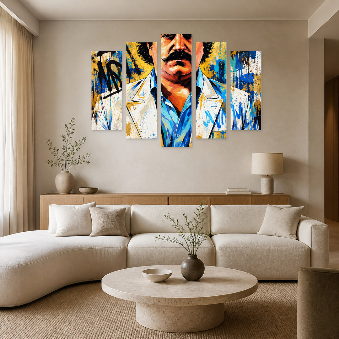 Pablo in Blue and Gold — five-panel wall art in alternate frontal interior | 5wallart 57846 M4