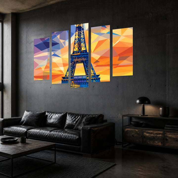 Modern Prism of Paris in Blue and Gold — five-panel wall art in perspective interior | 5wallart 57848 M2