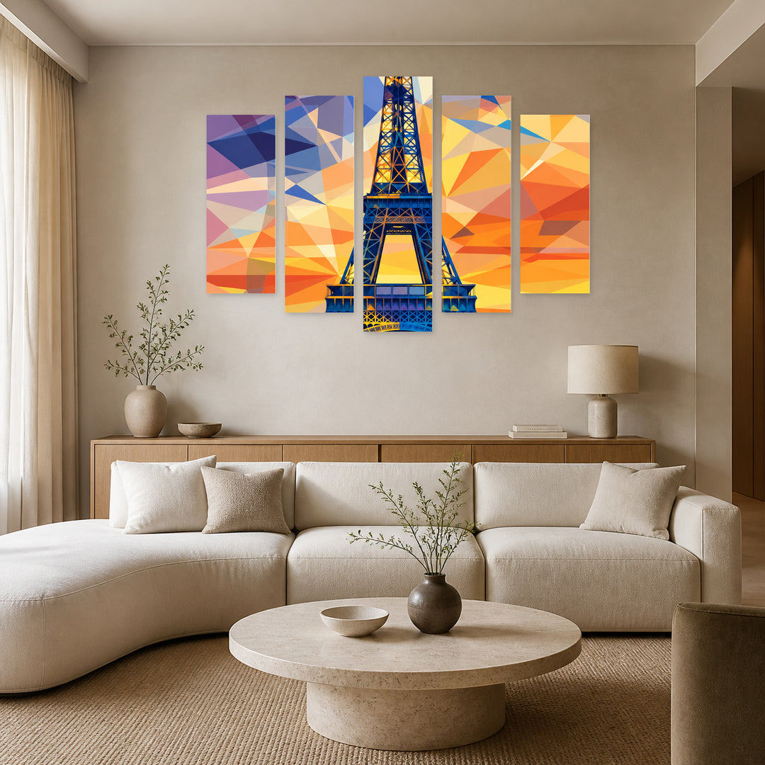 Modern Prism of Paris in Blue and Gold — five-panel wall art in alternate frontal interior | 5wallart 57848 M4
