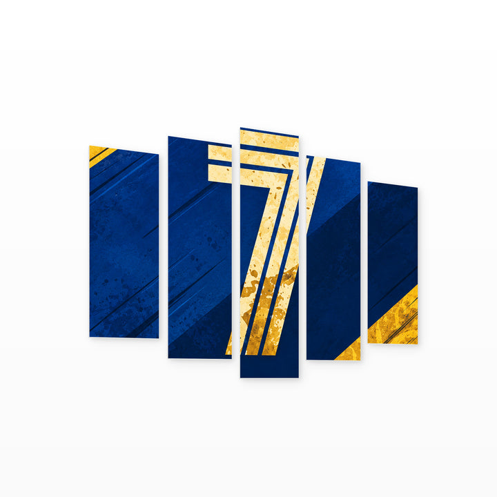 Number of Greatness in Blue and Gold — five-panel wall art on white background in perspective | 5wallart 57849 M1