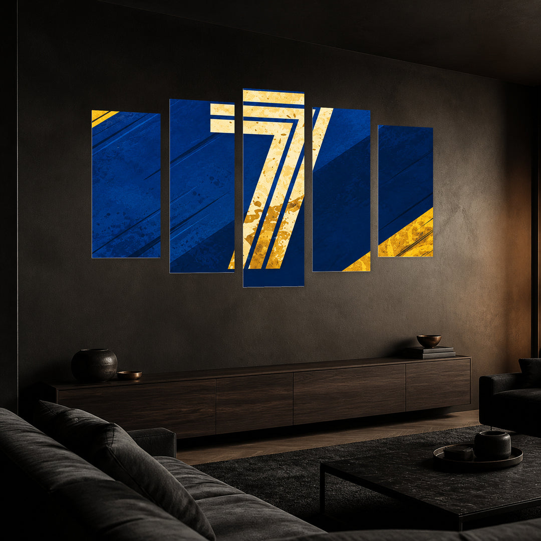 Number of Greatness in Blue and Gold — five-panel wall art in perspective interior | 5wallart 57849 M2