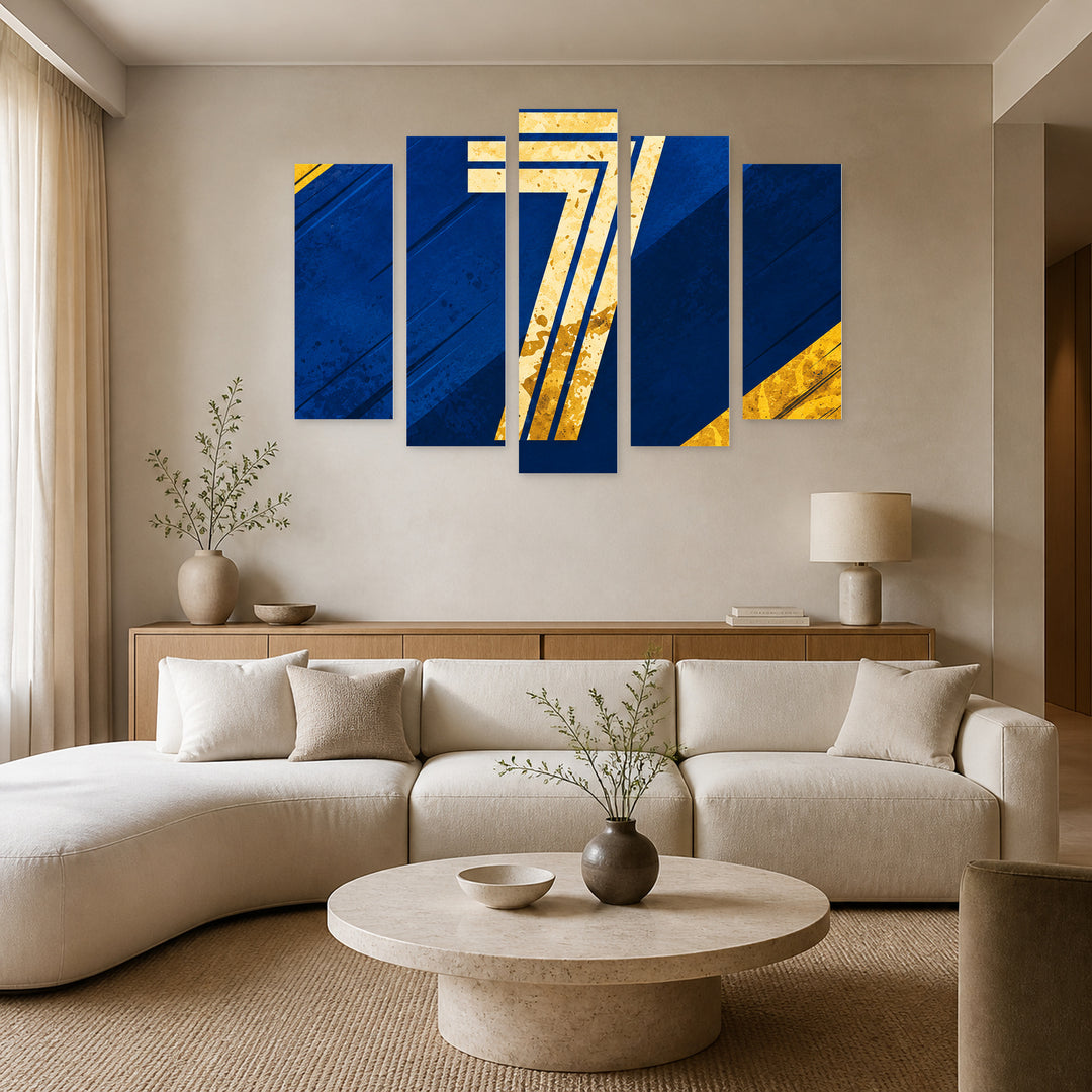 Number of Greatness in Blue and Gold — five-panel wall art in frontal interior | 5wallart 57849 M3