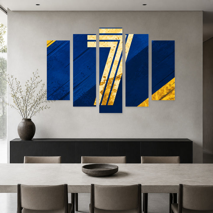 Number of Greatness in Blue and Gold — five-panel wall art in alternate frontal interior | 5wallart 57849 M4