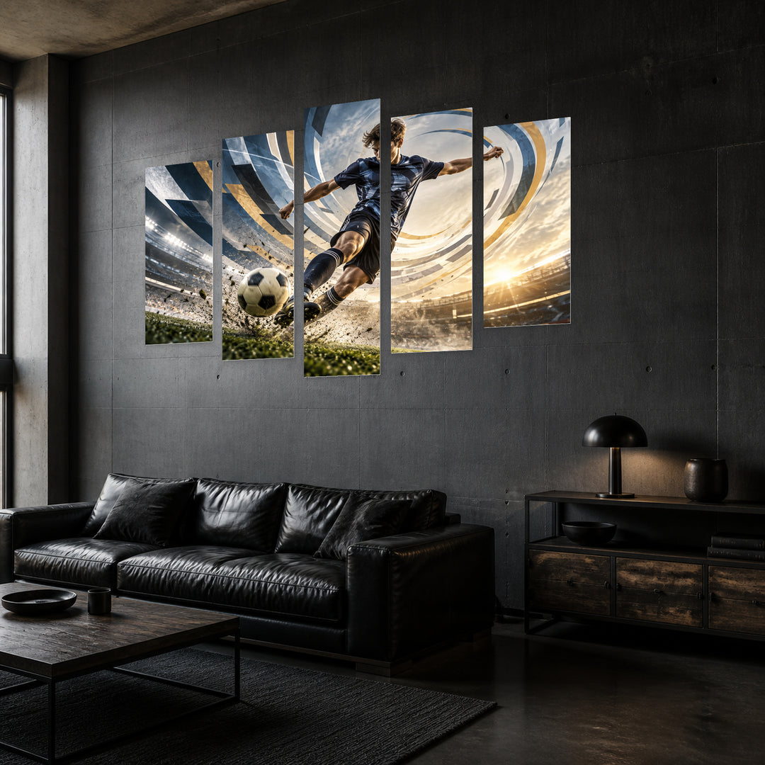 Whirlwind of the Game with Geometric Rhythm — five-panel wall art in perspective interior | 5wallart 57854 M2