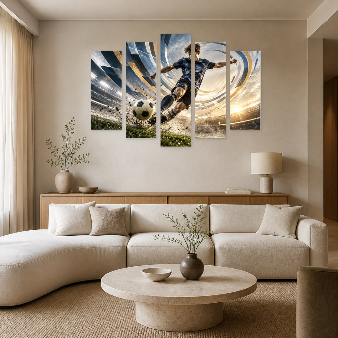 Whirlwind of the Game with Geometric Rhythm — five-panel wall art in alternate frontal interior | 5wallart 57854 M4