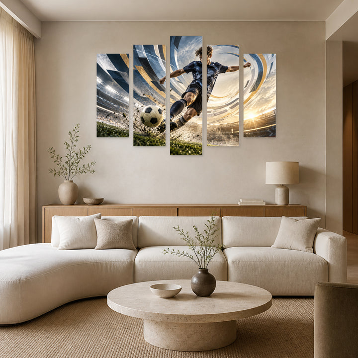 Whirlwind of the Game with Geometric Rhythm — five-panel wall art in alternate frontal interior | 5wallart 57854 M4