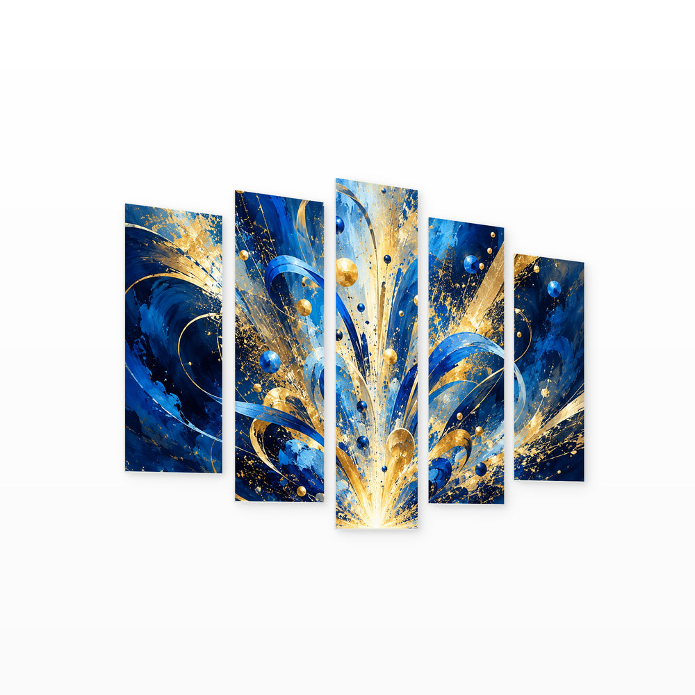 Explosion of Talent in Blue and Gold — five-panel wall art on white background in perspective | 5wallart 57856 M1