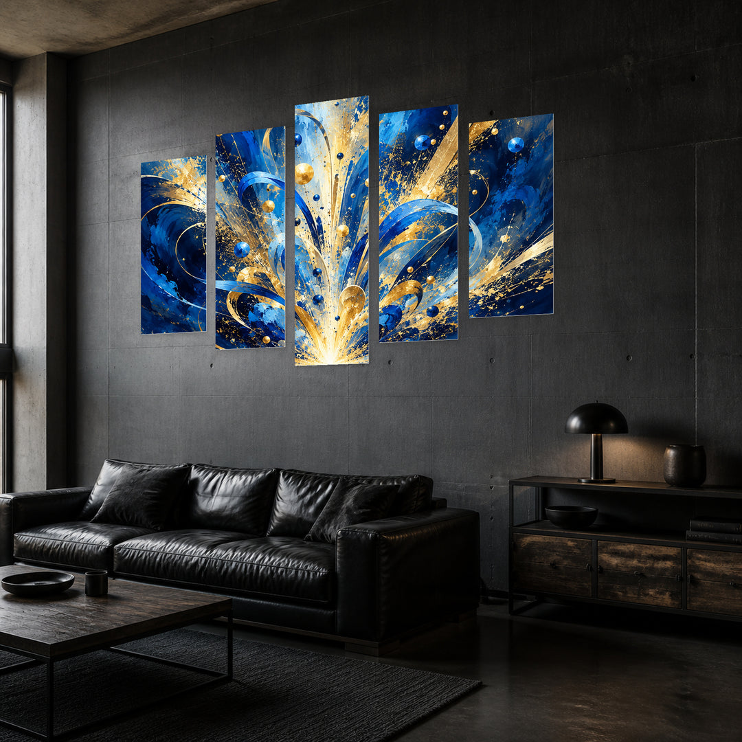 Explosion of Talent in Blue and Gold — five-panel wall art in perspective interior | 5wallart 57856 M2