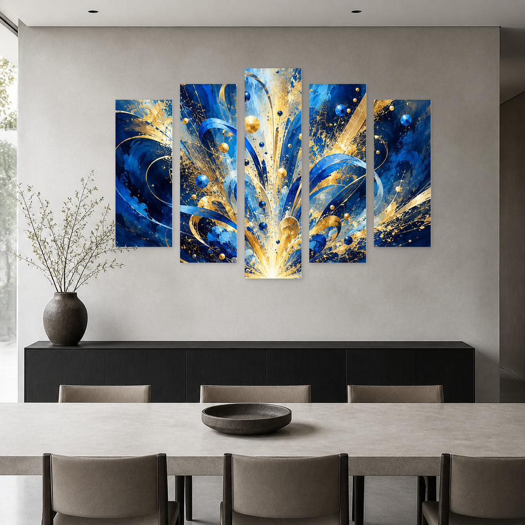 Explosion of Talent in Blue and Gold — five-panel wall art in frontal interior | 5wallart 57856 M3