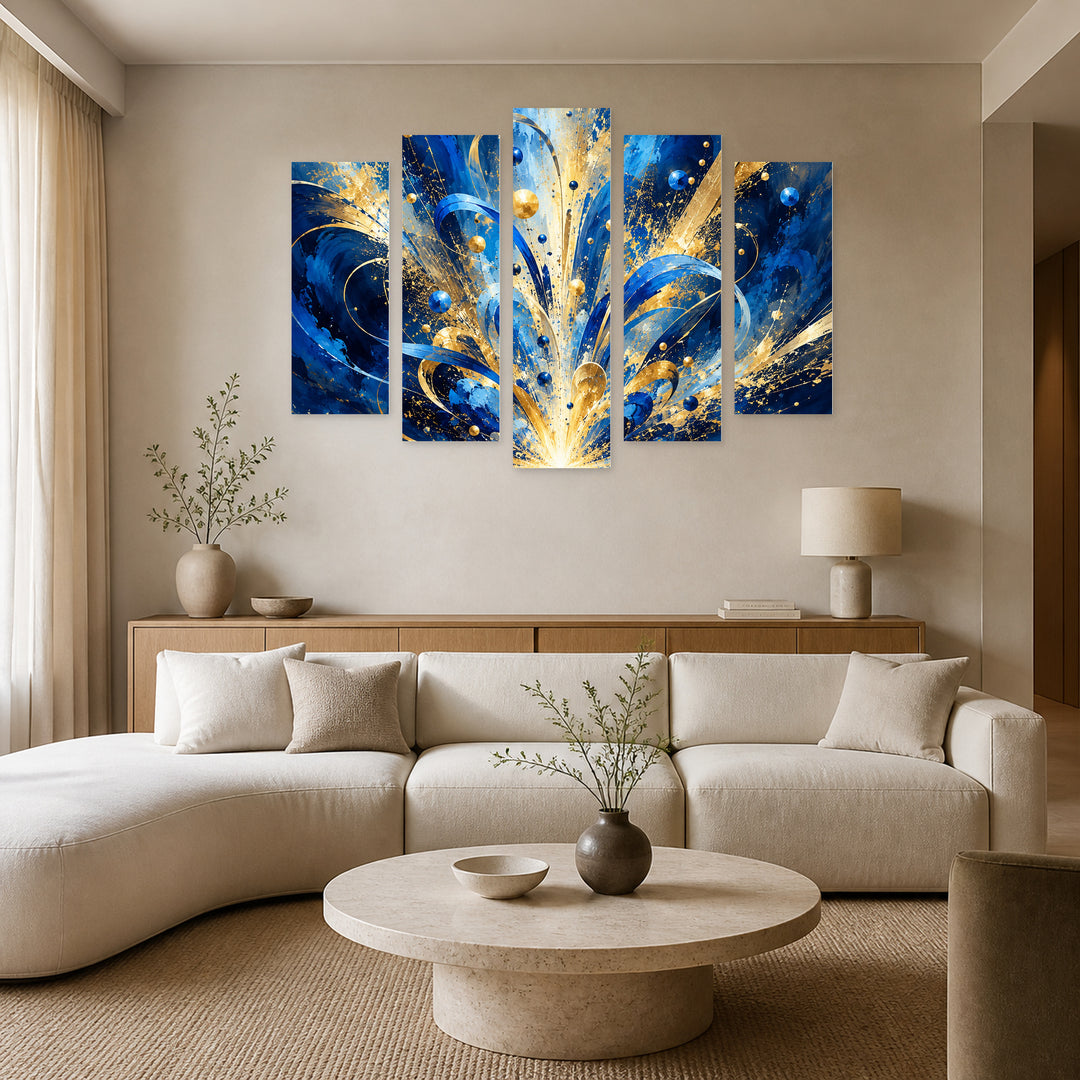 Explosion of Talent in Blue and Gold — five-panel wall art in alternate frontal interior | 5wallart 57856 M4