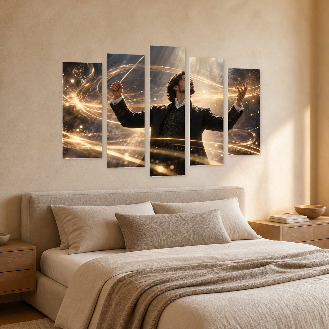 Maestro's Aura in Serene Light — five-panel wall art in perspective interior | 5wallart 57857 M2