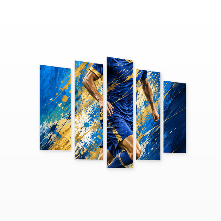 Storm Number Seven in Blue and Gold — five-panel wall art on white background in perspective | 5wallart 57858 M1