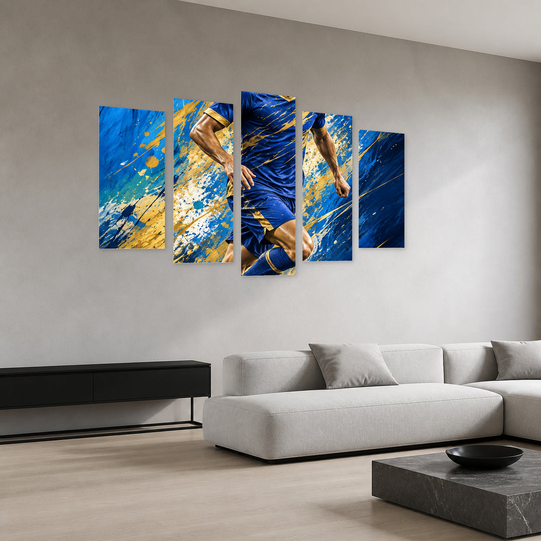 Storm Number Seven in Blue and Gold — five-panel wall art in perspective interior | 5wallart 57858 M2