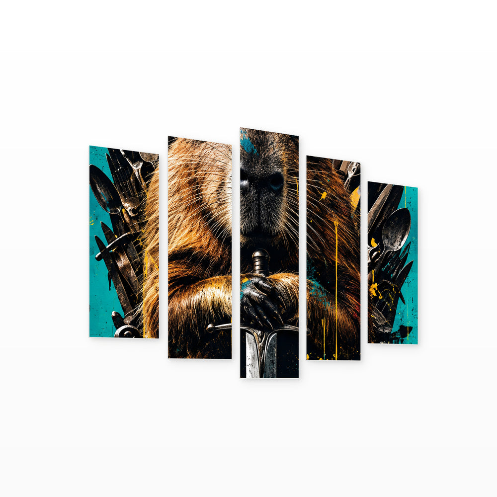 Mad Capybara with Geometric Rhythm — five-panel wall art on white background in perspective | 5wallart 57860 M1