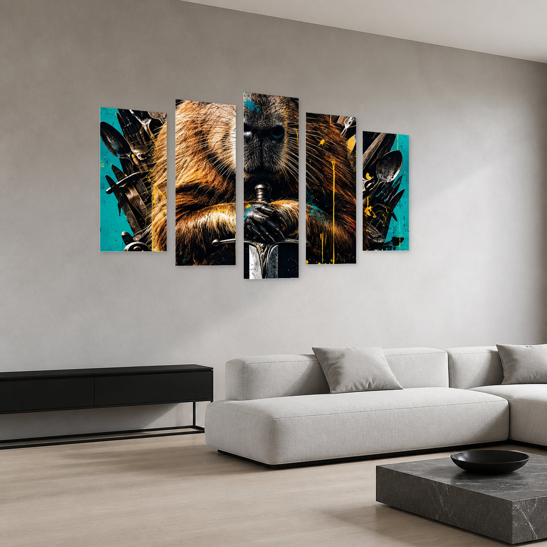 Mad Capybara with Geometric Rhythm — five-panel wall art in perspective interior | 5wallart 57860 M2