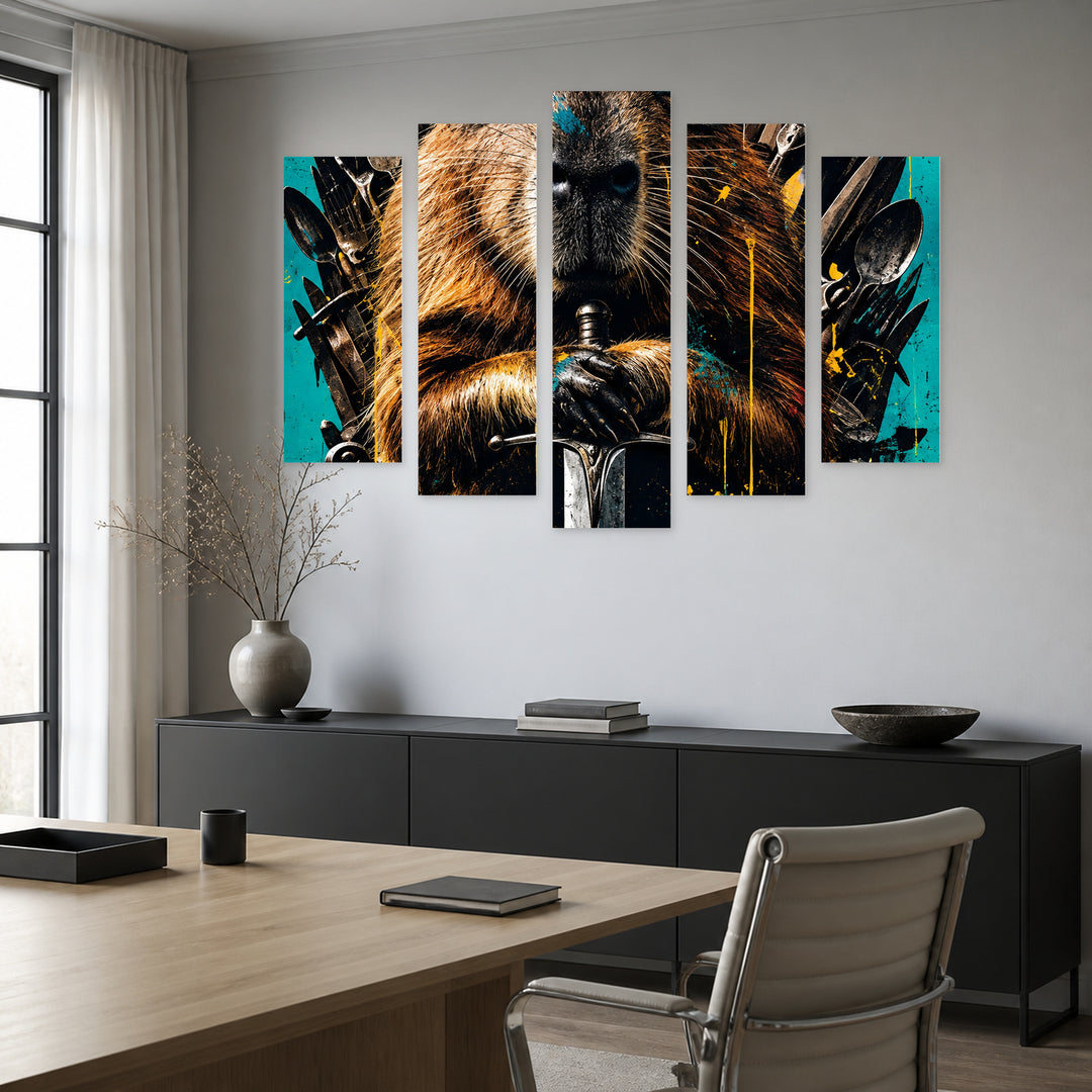 Mad Capybara with Geometric Rhythm — five-panel wall art in frontal interior | 5wallart 57860 M3