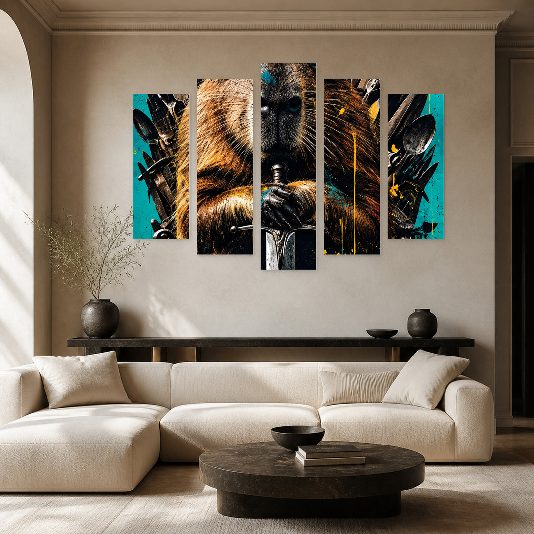 Mad Capybara with Geometric Rhythm — five-panel wall art in alternate frontal interior | 5wallart 57860 M4