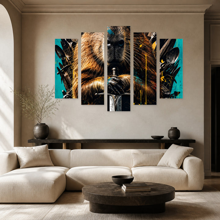 Mad Capybara with Geometric Rhythm — five-panel wall art in alternate frontal interior | 5wallart 57860 M4