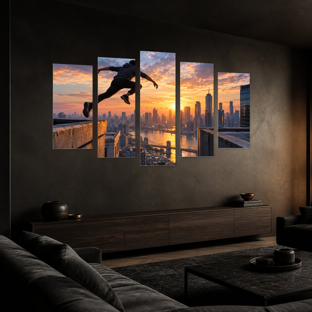 Red-masked Comic Hero in Vivid Color — five-panel wall art in perspective interior | 5wallart 57861 M2