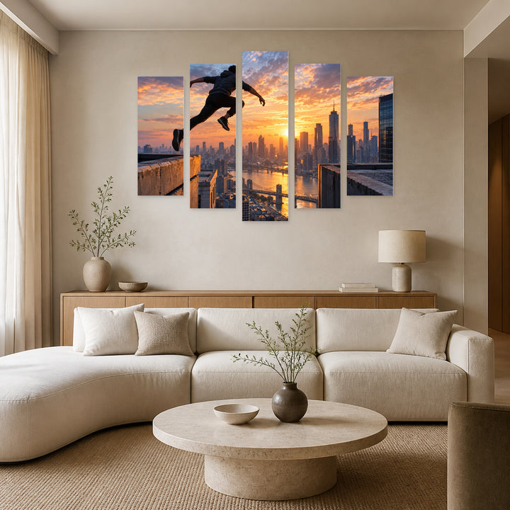 Red-masked Comic Hero in Vivid Color — five-panel wall art in frontal interior | 5wallart 57861 M3