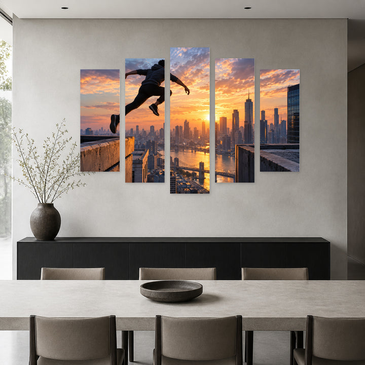 Red-masked Comic Hero in Vivid Color — five-panel wall art in alternate frontal interior | 5wallart 57861 M4