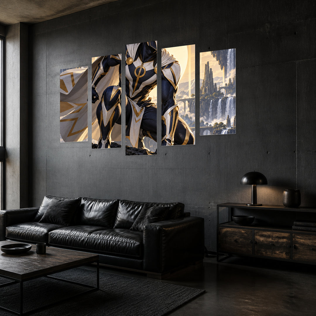 Red-masked Comic Hero X Venom with Geometric Rhythm — five-panel wall art in perspective interior | 5wallart 57862 M2