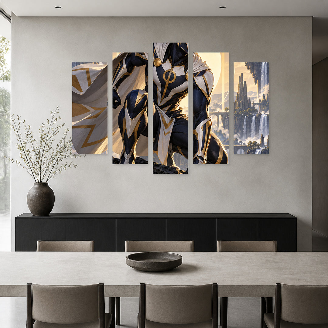 Red-masked Comic Hero X Venom with Geometric Rhythm — five-panel wall art in frontal interior | 5wallart 57862 M3
