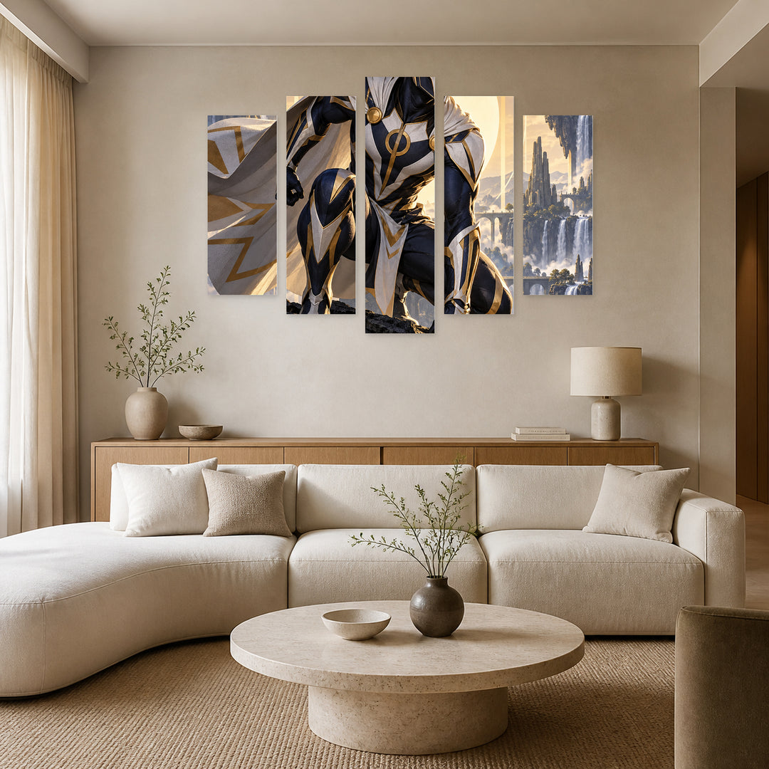Red-masked Comic Hero X Venom with Geometric Rhythm — five-panel wall art in alternate frontal interior | 5wallart 57862 M4