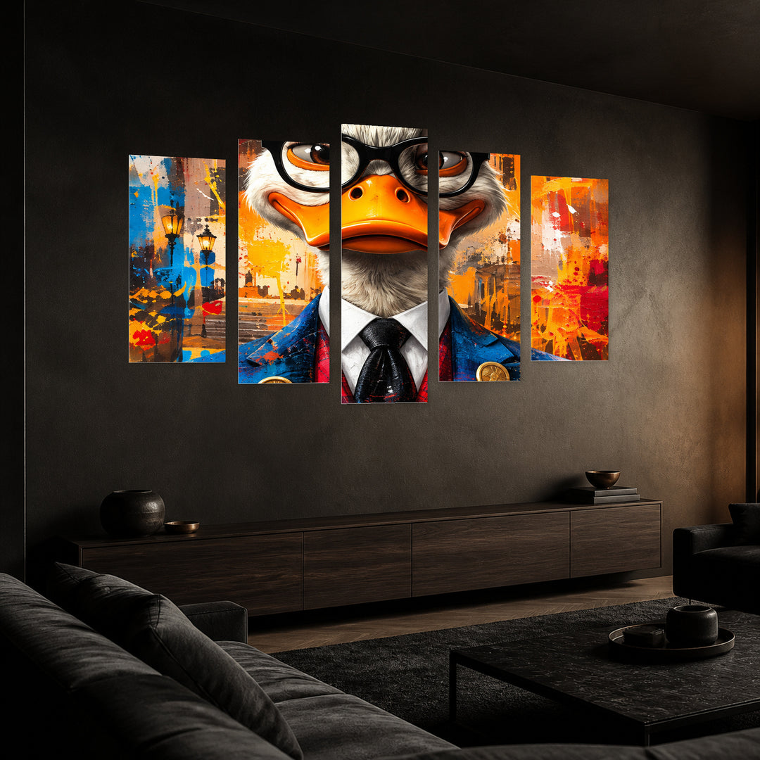 Realistic Cheerful Cartoon Duck in Vivid Color — five-panel wall art in perspective interior | 5wallart 57863 M2