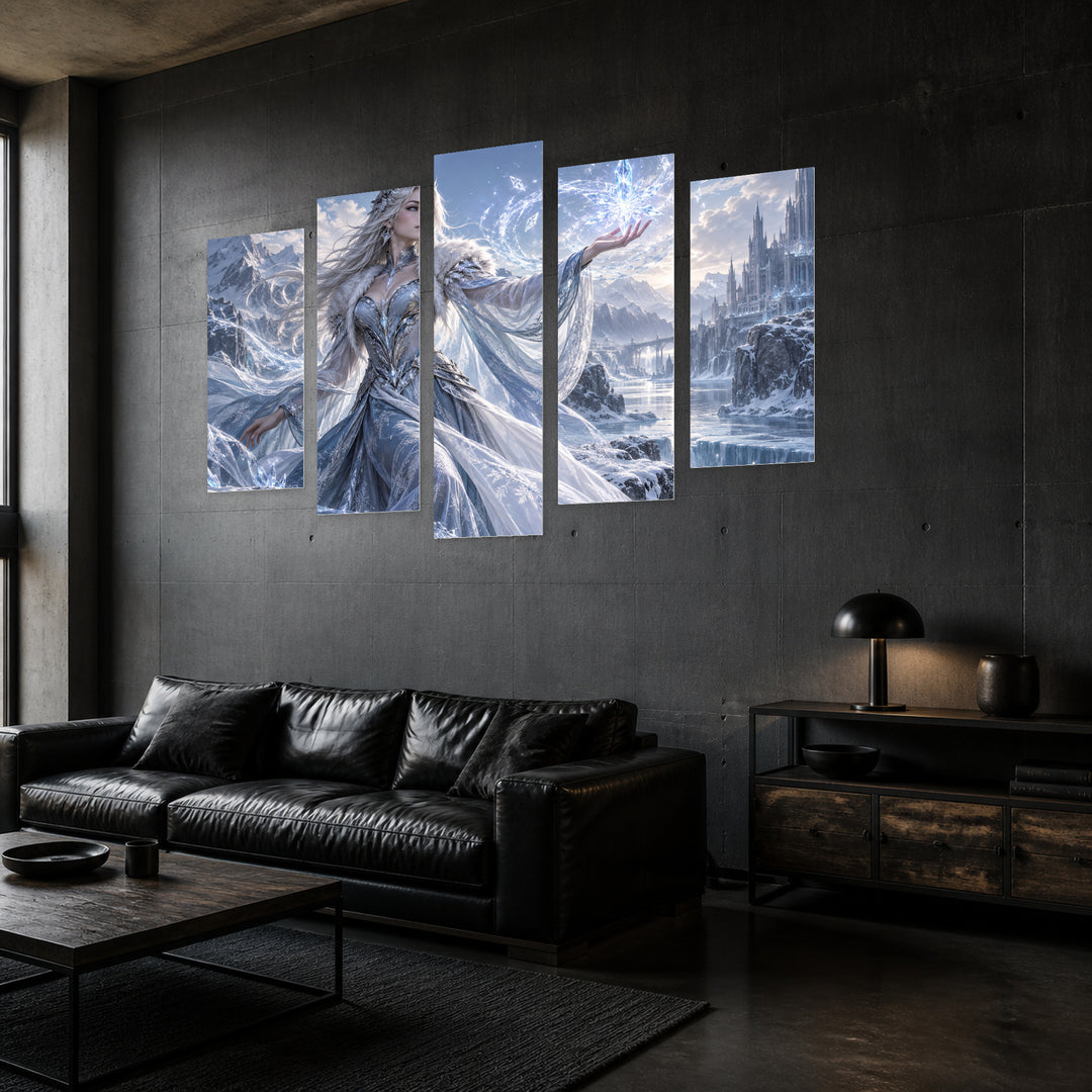 Frozen - Colorful Elsa with Geometric Rhythm — five-panel wall art in perspective interior | 5wallart 57864 M2