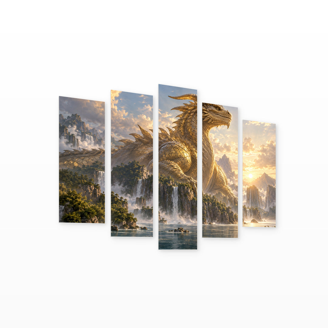 Godzilla - Golden in Serene Light — five-panel wall art on white background in perspective | 5wallart 57866 M1