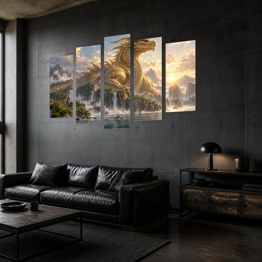 Godzilla - Golden in Serene Light — five-panel wall art in perspective interior | 5wallart 57866 M2