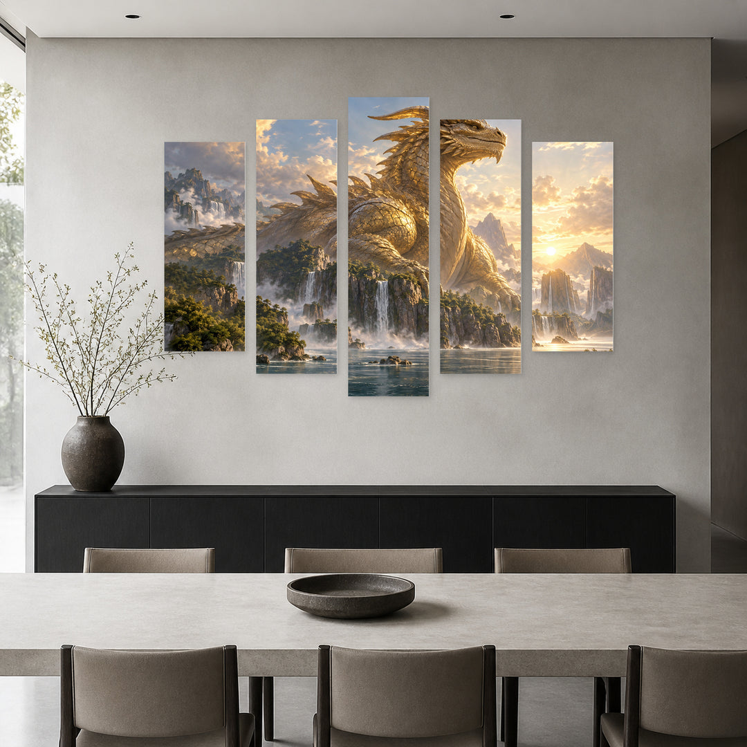 Godzilla - Golden in Serene Light — five-panel wall art in frontal interior | 5wallart 57866 M3