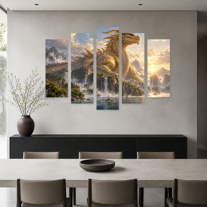 Godzilla - Golden in Serene Light — five-panel wall art in frontal interior | 5wallart 57866 M3