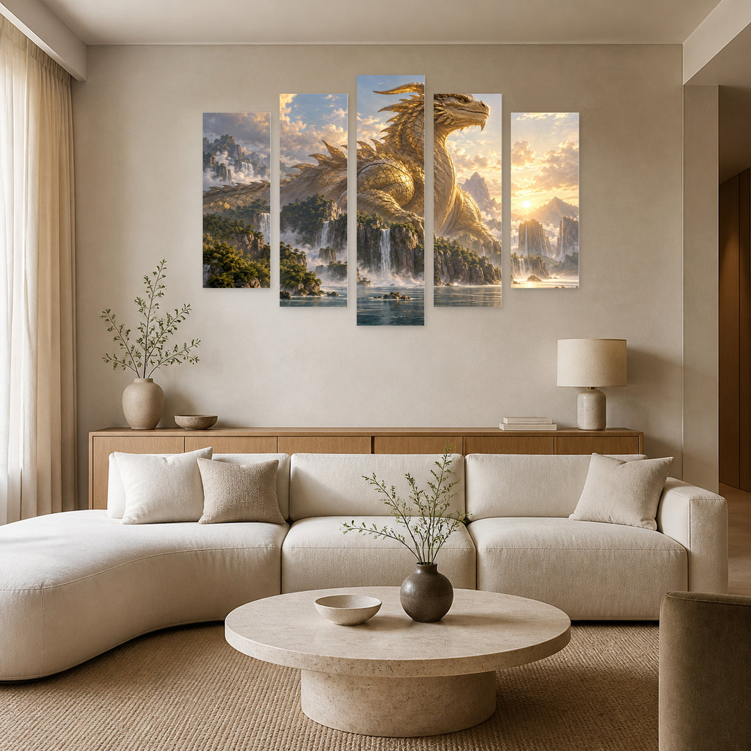 Godzilla - Golden in Serene Light — five-panel wall art in alternate frontal interior | 5wallart 57866 M4