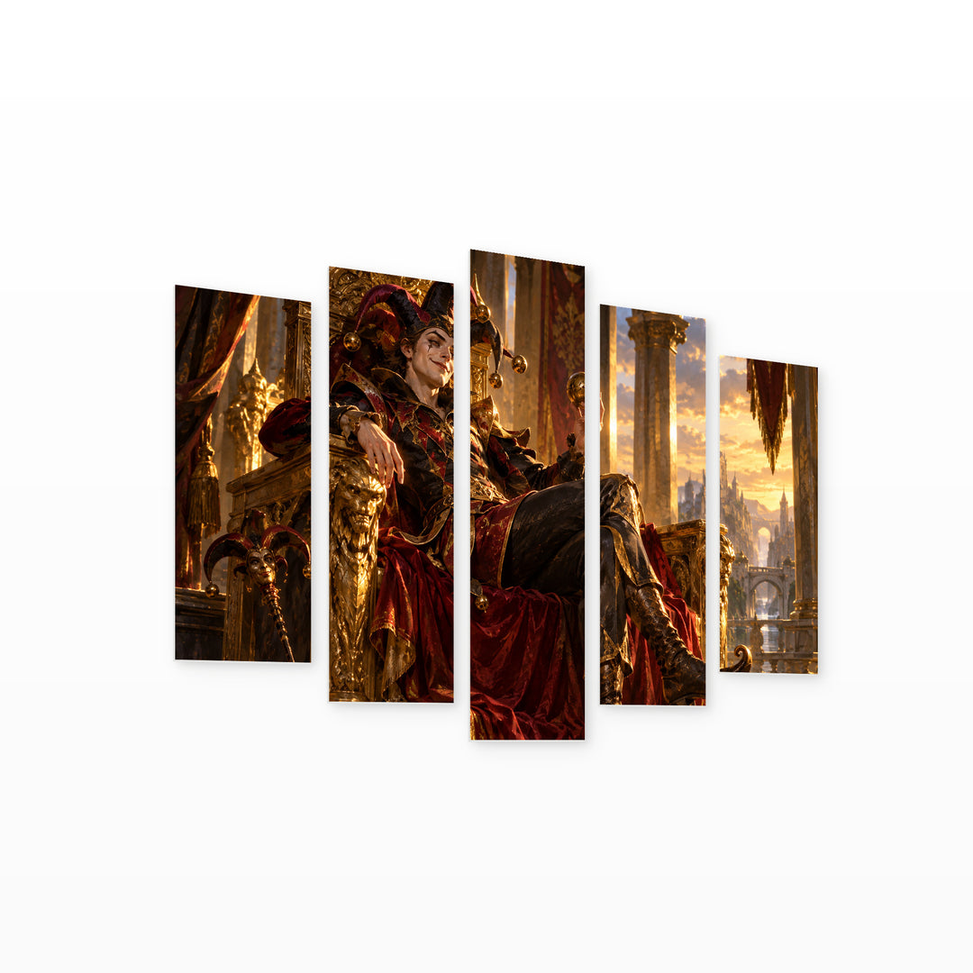 Joker on a Throne - Golden Modern Composition — five-panel wall art on white background in perspective | 5wallart 57869 M1