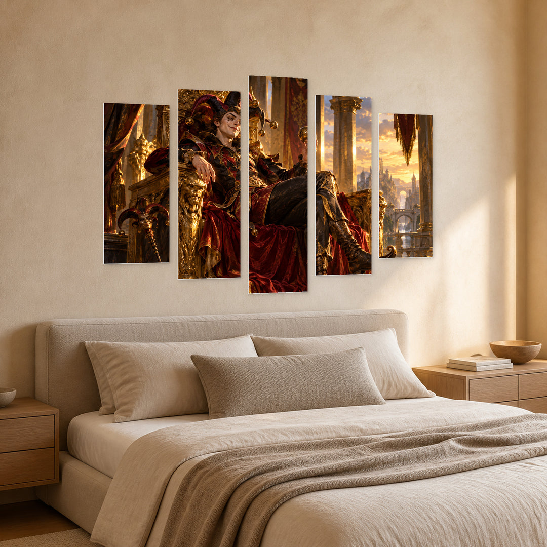 Joker on a Throne - Golden Modern Composition — five-panel wall art in perspective interior | 5wallart 57869 M2