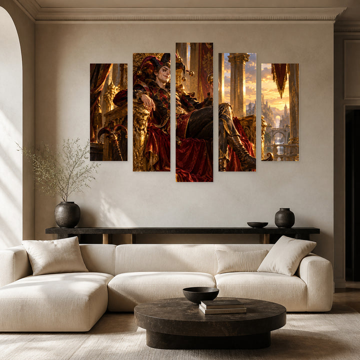 Joker on a Throne - Golden Modern Composition — five-panel wall art in frontal interior | 5wallart 57869 M3