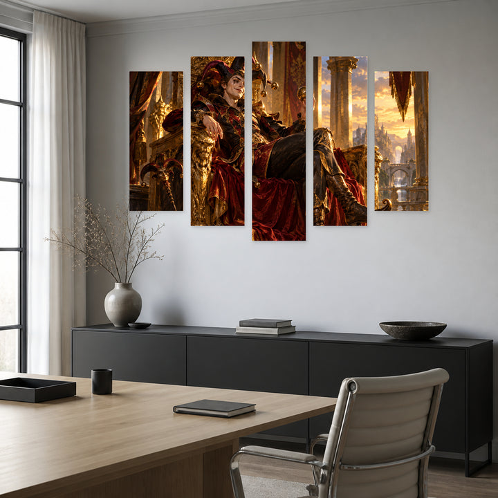Joker on a Throne - Golden Modern Composition — five-panel wall art in alternate frontal interior | 5wallart 57869 M4