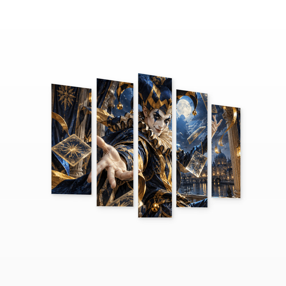 Joker - Golden in Blue and Gold — five-panel wall art on white background in perspective | 5wallart 57870 M1